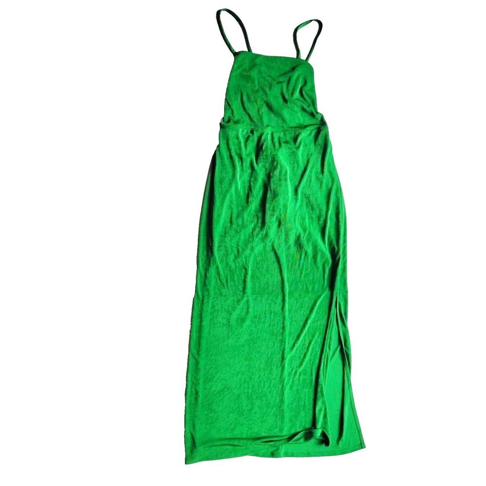Wild Fable Y2K Vtg Emerald Satin Lace Up Back Midi Dress Side Slit Women's Large - Picture 11 of 15